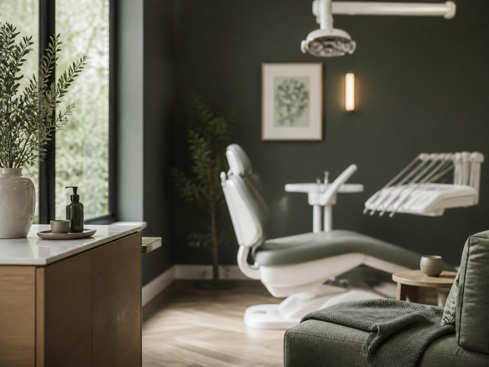 Clínica odontológica serena em tons de verde com luz natural